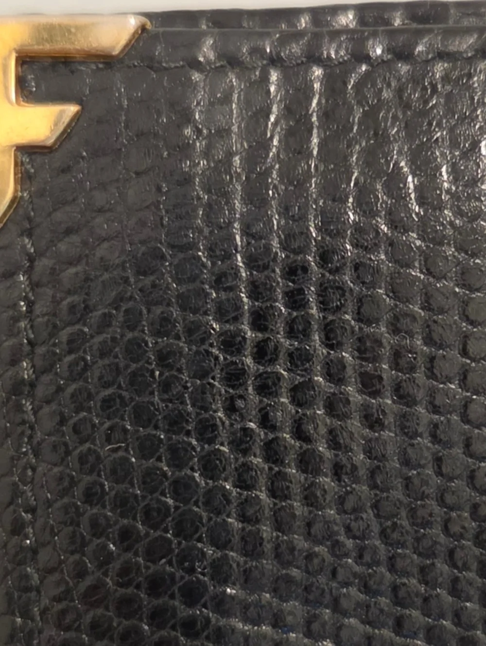 Salvatore Ferragamo Black Lizard Embossed Leather Long Wallet Gold Corner Italy